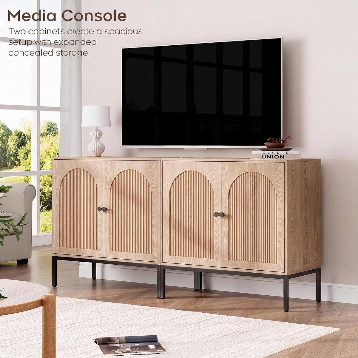 Yechen Modern Fluted Sideboard Buffet Cabinet with Storage, Natural Oak