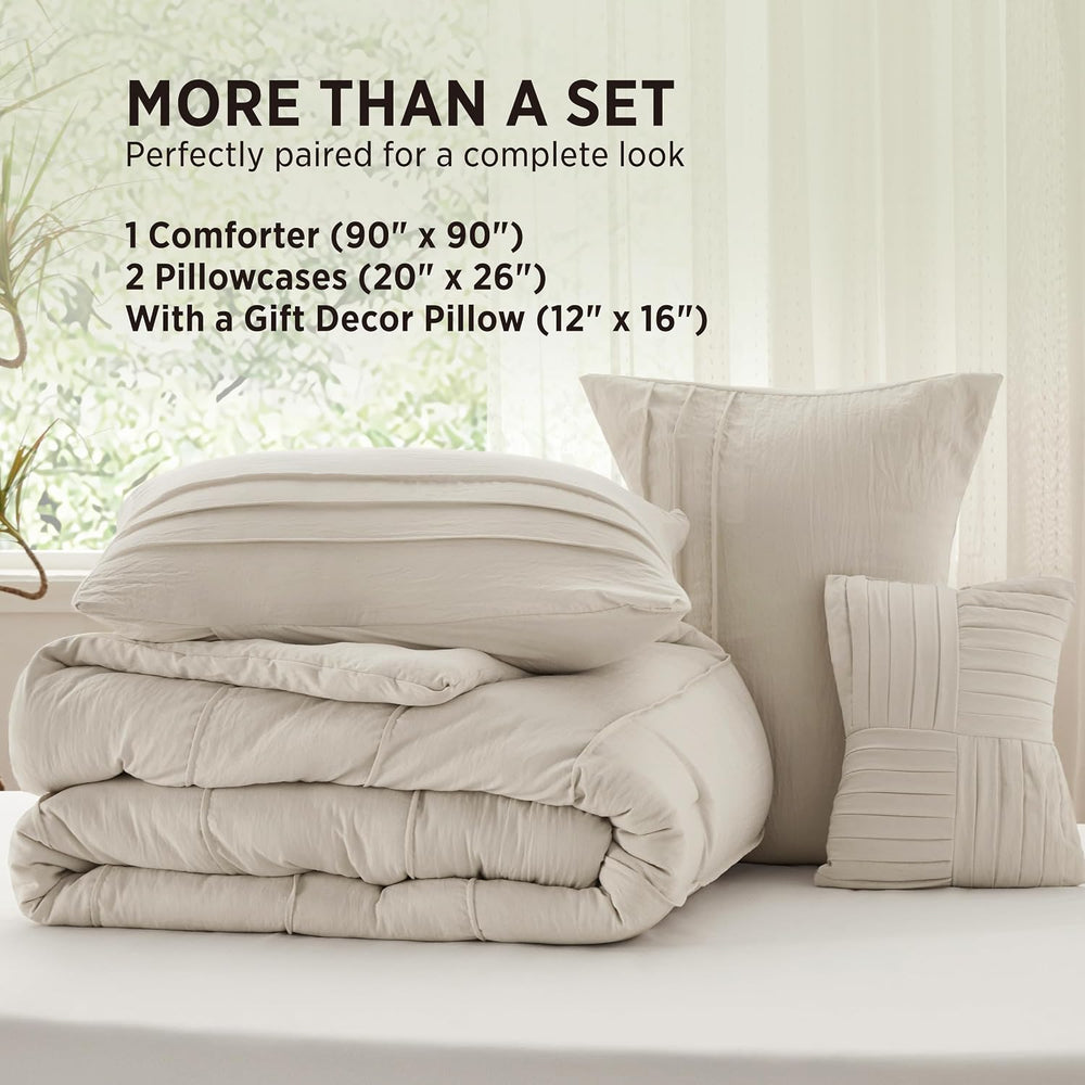 Bedsure Queen Comforter Set 4 Piece, Beige Boho, Pinch Pleat, All-Season