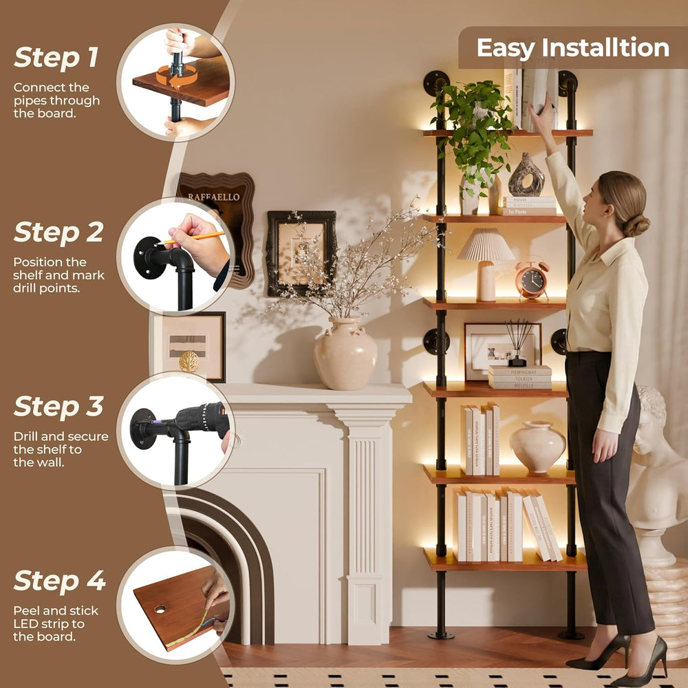 6-Tier LED Ladder Shelf, Wall Mounted Pipe Bookshelf, Walnut Brown 24 Inch