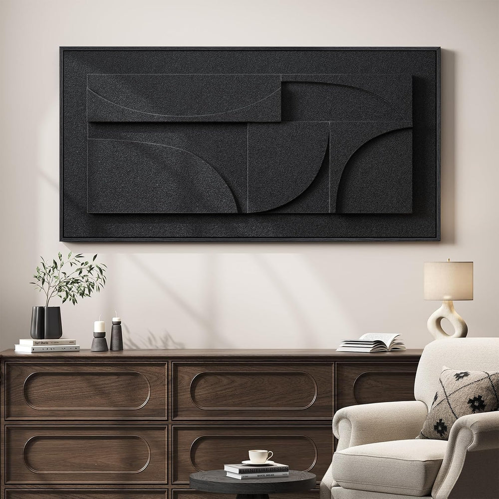 Large Framed 3D Black Abstract Wall Art for Living Room, Horizontal 60x30