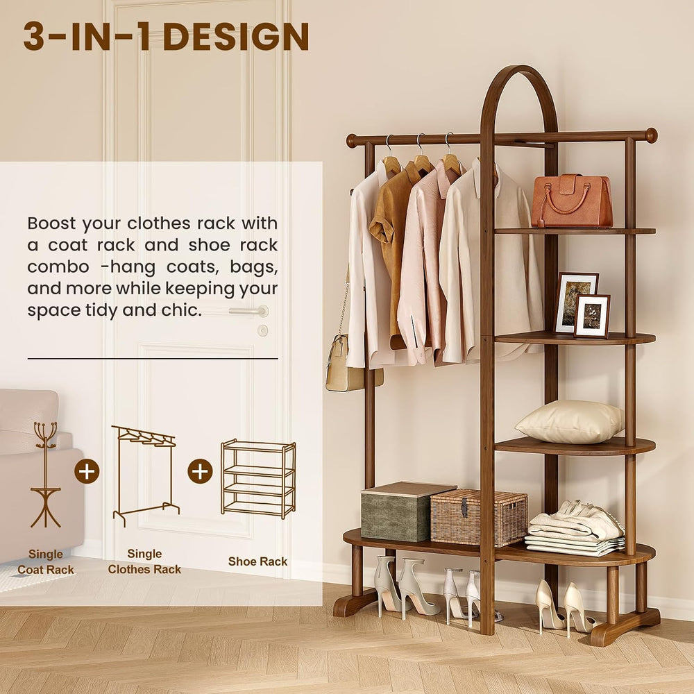 41.3" Wide 3-in-1 Freestanding Clothing Rack, Wooden Coat Rack with 4 Sh...