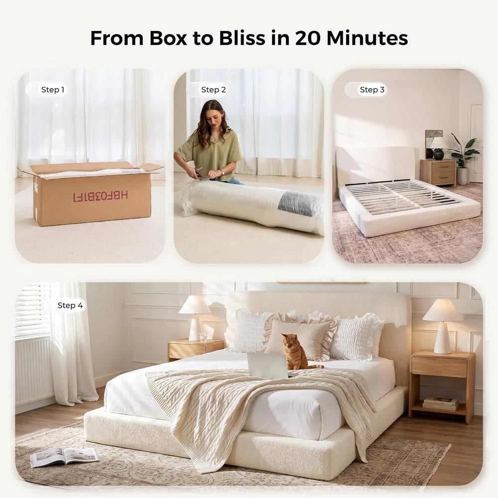 King Upholstered Bed Frame, King Size Cloud Bed Frame, White Platform Bed