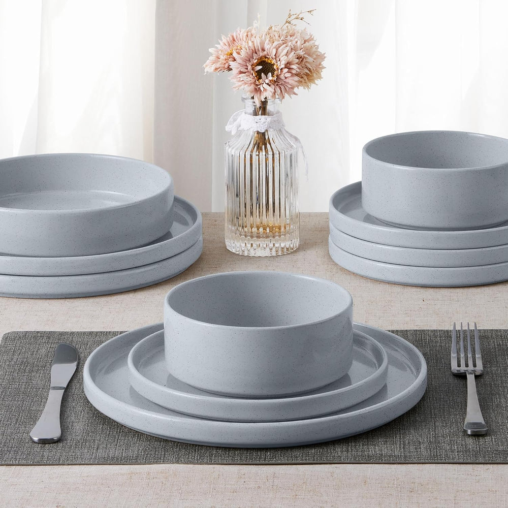 E-far Dinnerware Sets for 8, 24-Piece Stoneware Plates and Bowls Set, Gray
