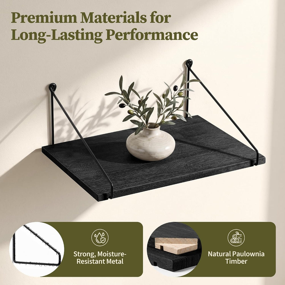 Afuly 12 inch Deep Floating Shelves for Wall, Black Wide Shelf, Solid Wood