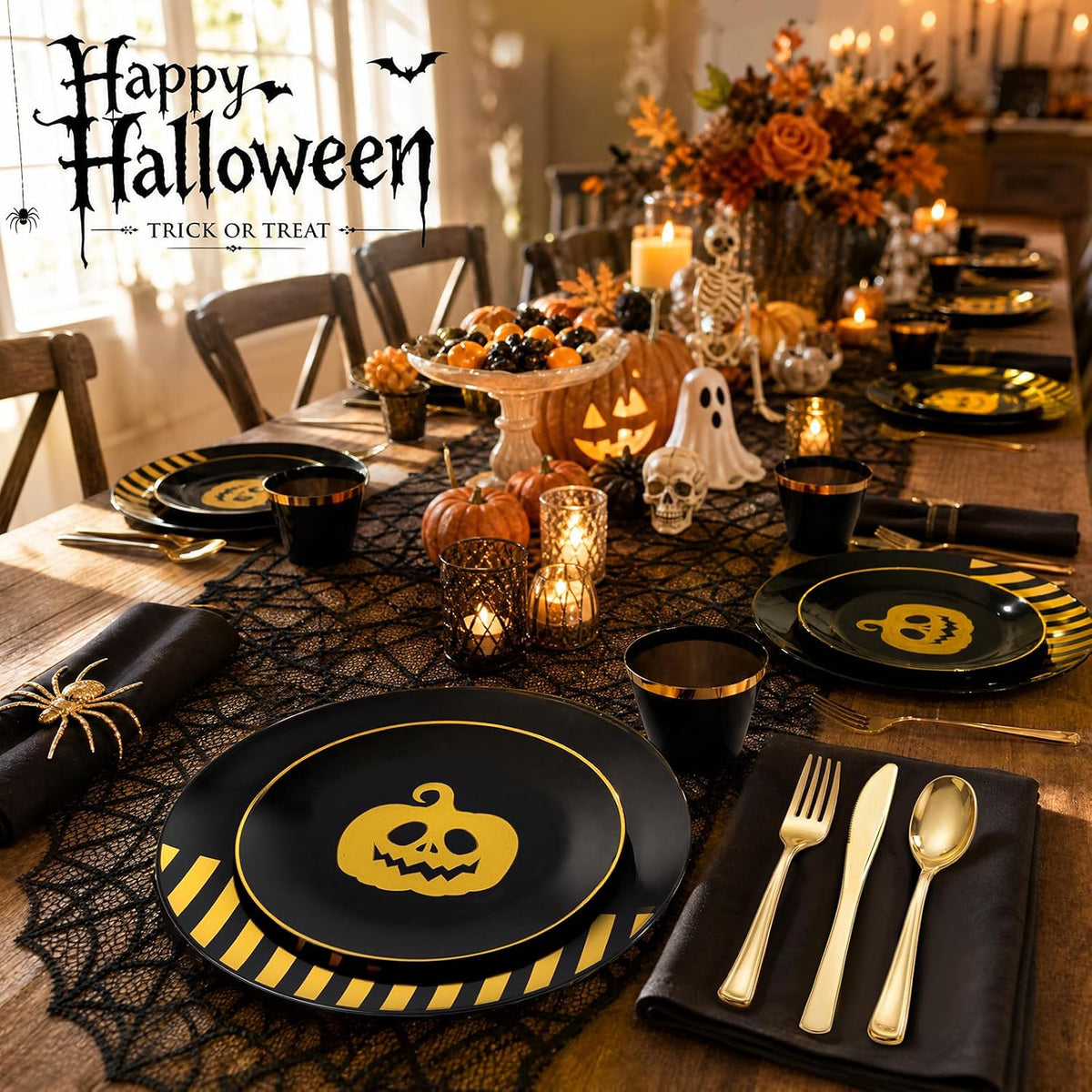KIRE 25 Guest Halloween Plates Black Gold Plastic Plates Smiley Pumpkin include 50PCS Black &150PCS Gold Plastic Silverware&25PCS Clear Black Cups for Halloween Party