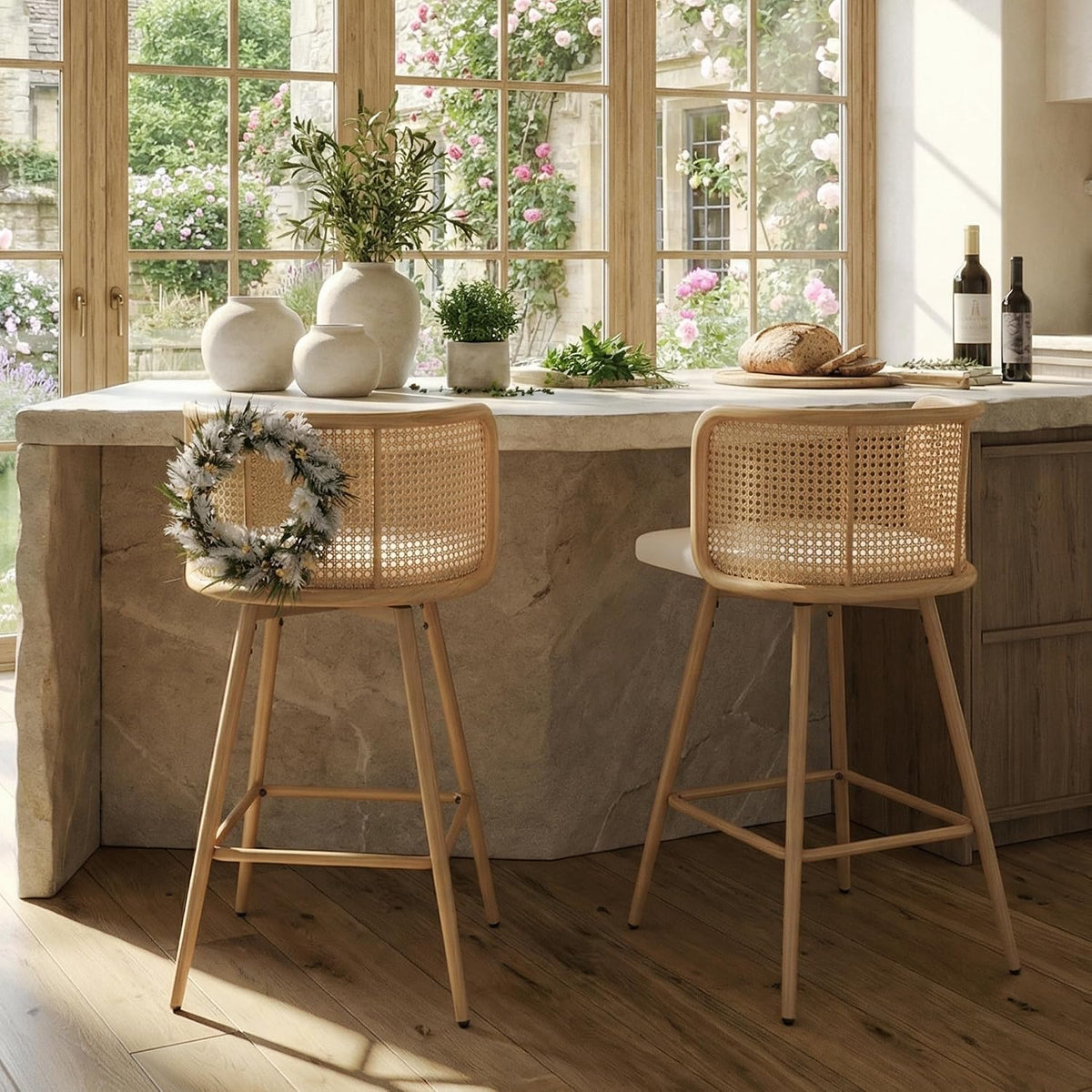 26" Rattan Bar Stools Set of 2, Swivel Counter Height Barstools, White