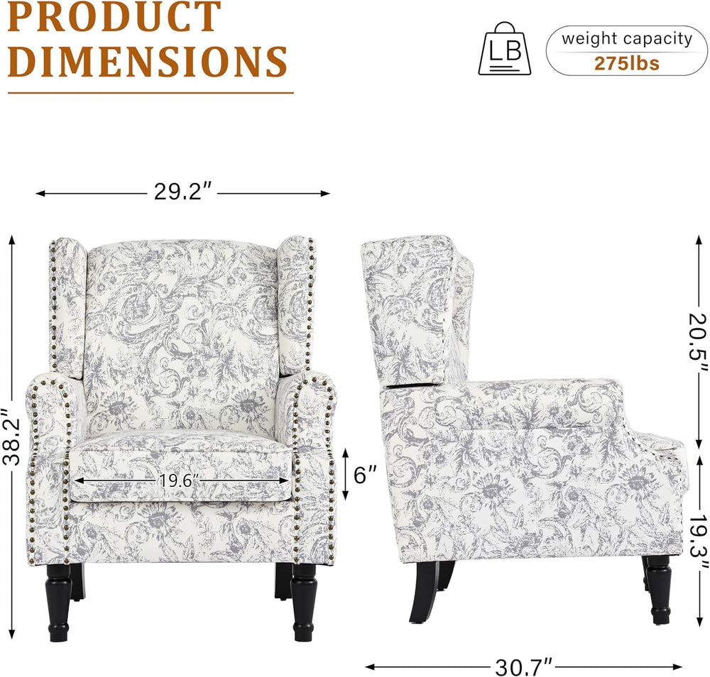 Floral Wingback Accent Chair, High Back Armchair, Rococo Light Gray