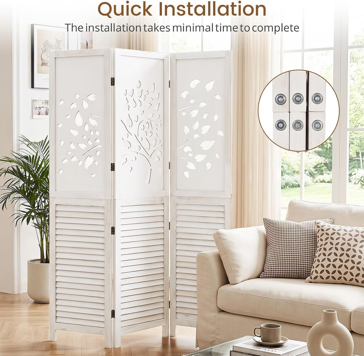GIANTEX 3 Panel Folding Room Divider with Tree Leaf Cutout & Louvered Slats