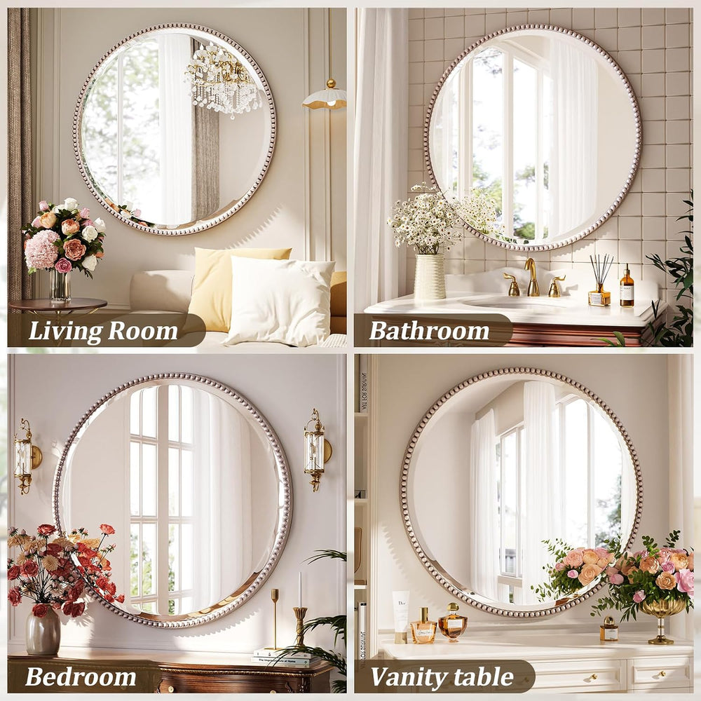 24'' Round Bathroom Mirror, Beaded Circle Decorative Wall Mirror