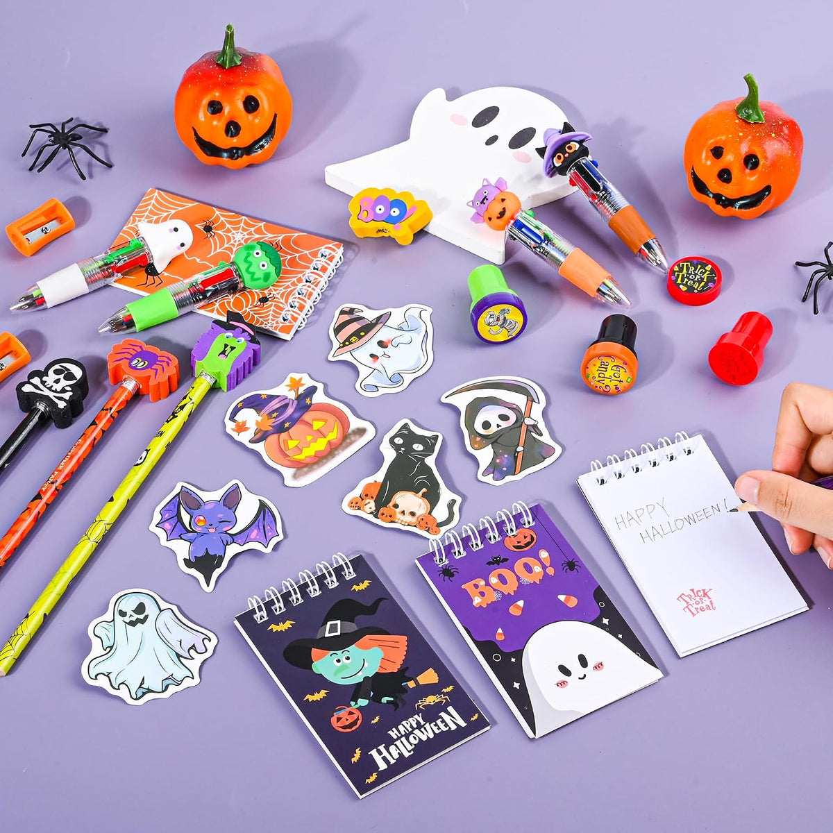 LiYiQ 24 Set 247 Pcs Halloween Party Favors Return Gifts for Party, Student Stationery Gifts from Teacher, Pencil Erasers Notebooks Stickers for Classroom Birthday Goodie Bags Rewards Prizes