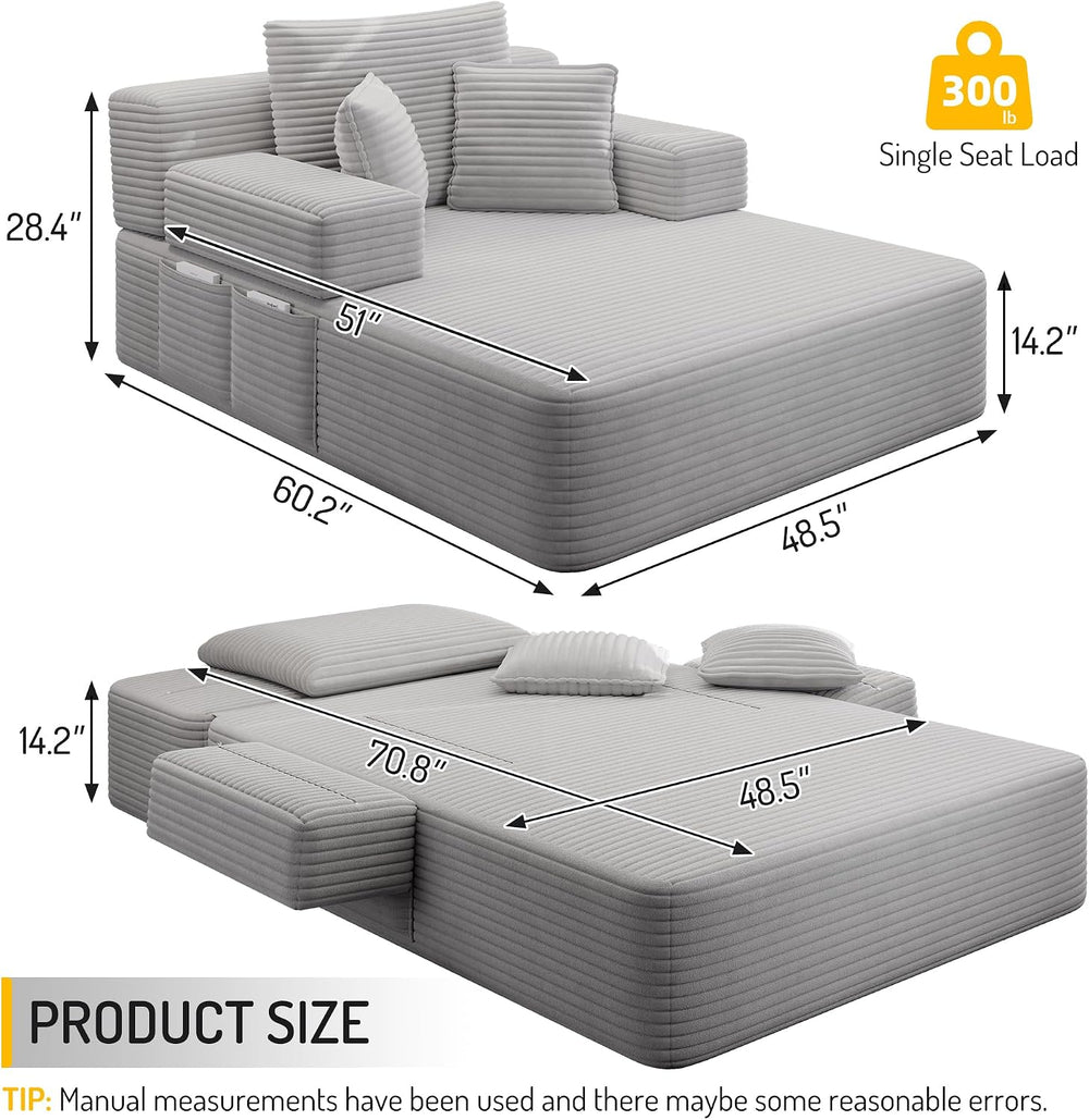 48.5'' Oversized Chaise Lounge Indoor, Corduroy Boneless Couch, Light...