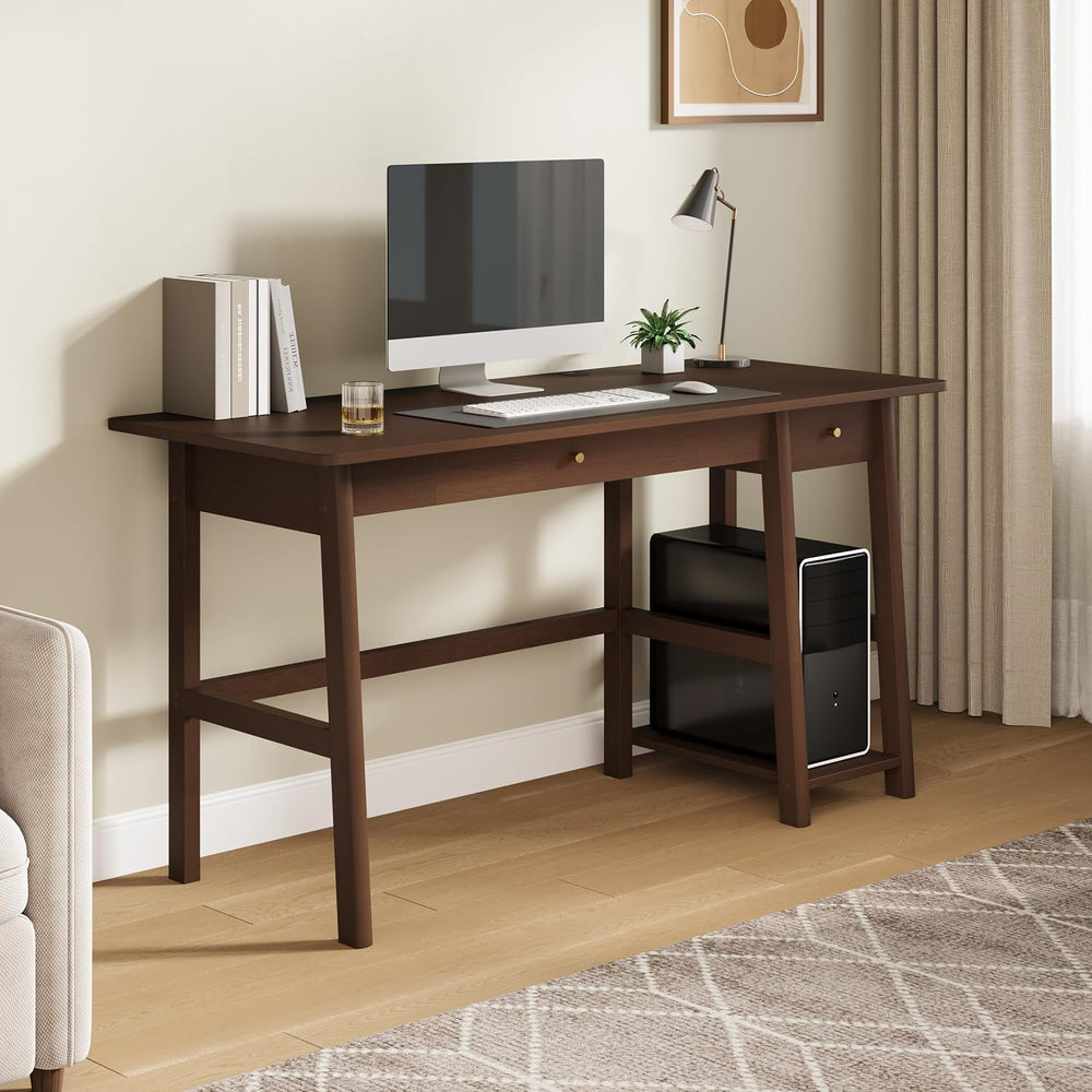 NELYE Solid Wood Writing Desk with Drawer, 58" W x 24" D, Walnut