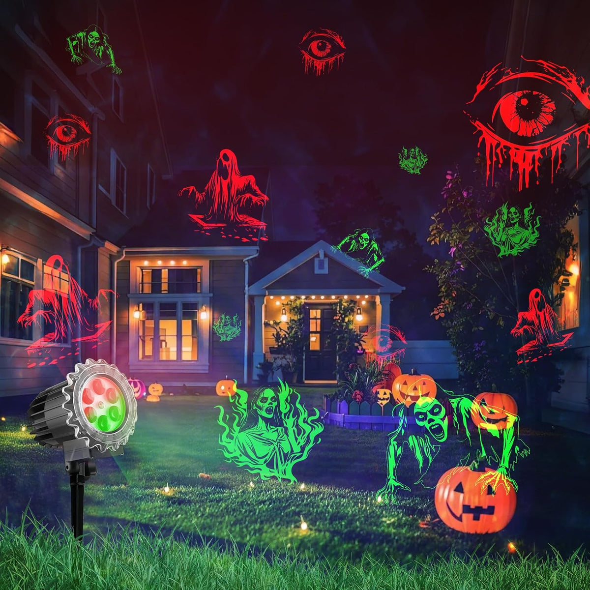 Matekxy Halloween Projector Lights Outdoor, 2025 Upgraded 3D Brighter Green&Red Decoration LED Light, Landscape IP44 Waterproof Holiday Lamp for Xmas Parties Garden Patio Indoor