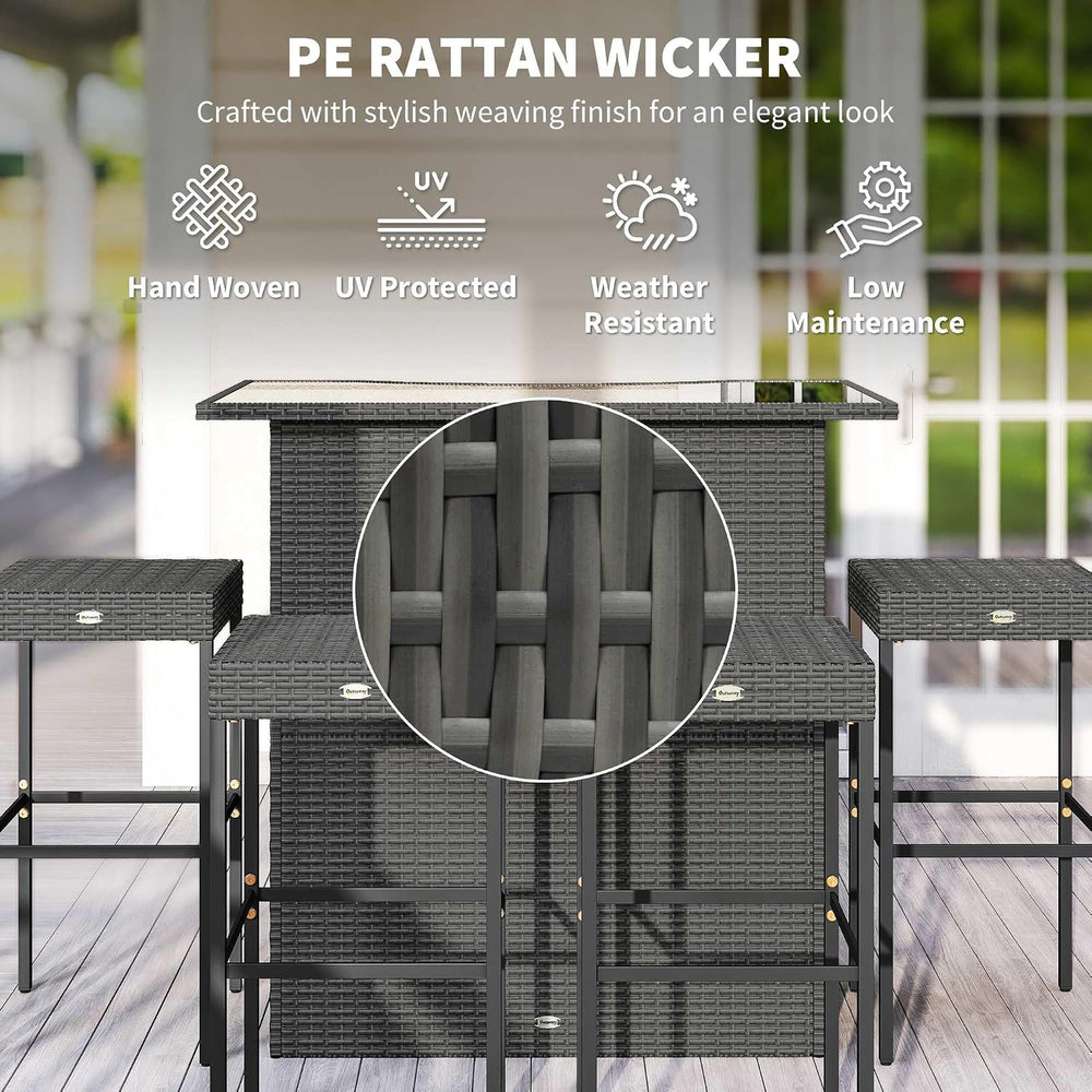 Outsunny 5 Piece Wicker Outdoor Bar Set with Glass Table Top Dark Gray