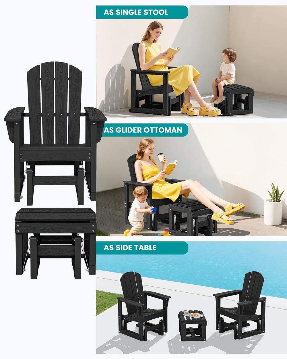 SERWALL HDPE Outdoor Glider with Ottoman Set of 2, All-Weather Patio Glider