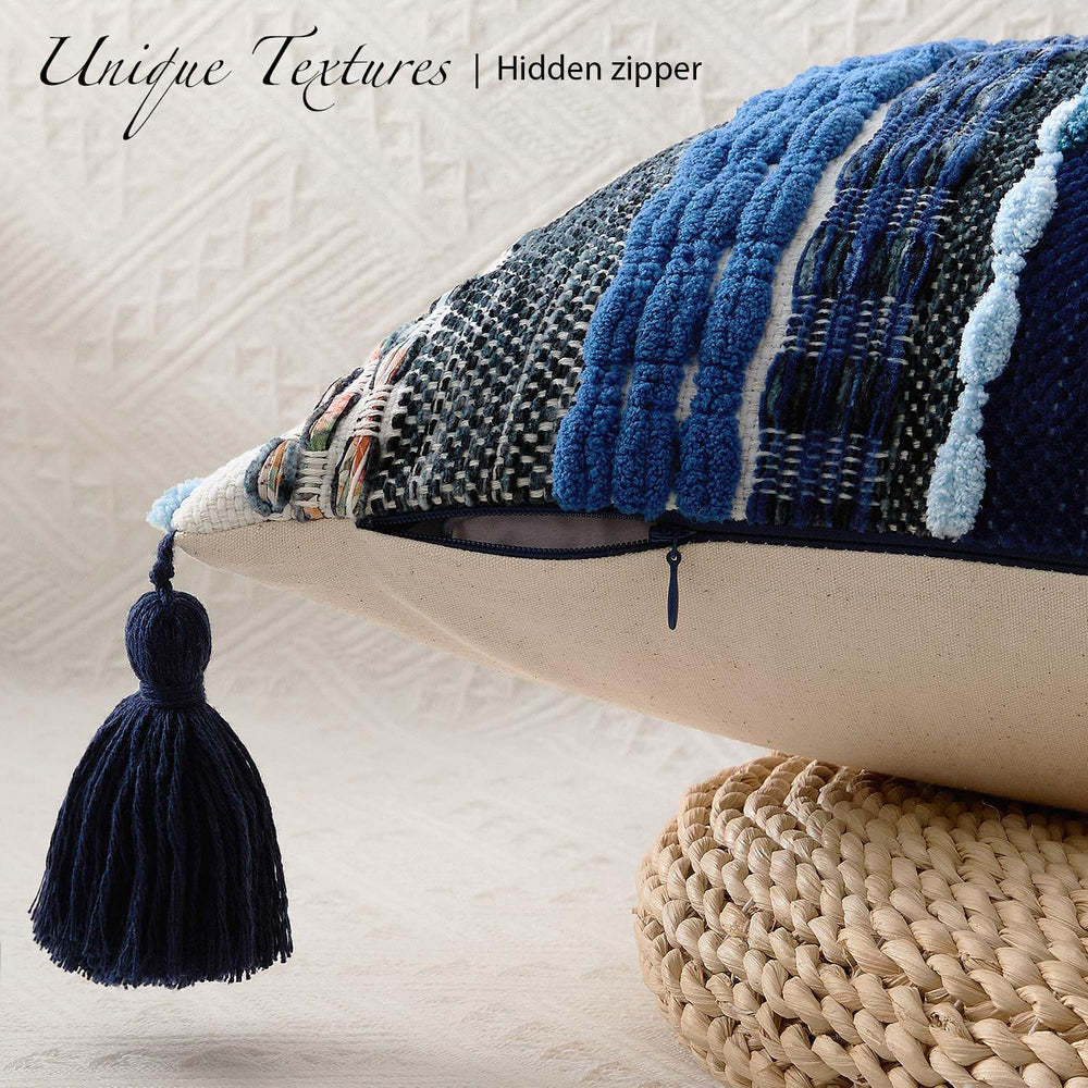 Kevin Textile Boho Tufted 18x18 Inch Pillow Cover 1 Pack, Blue