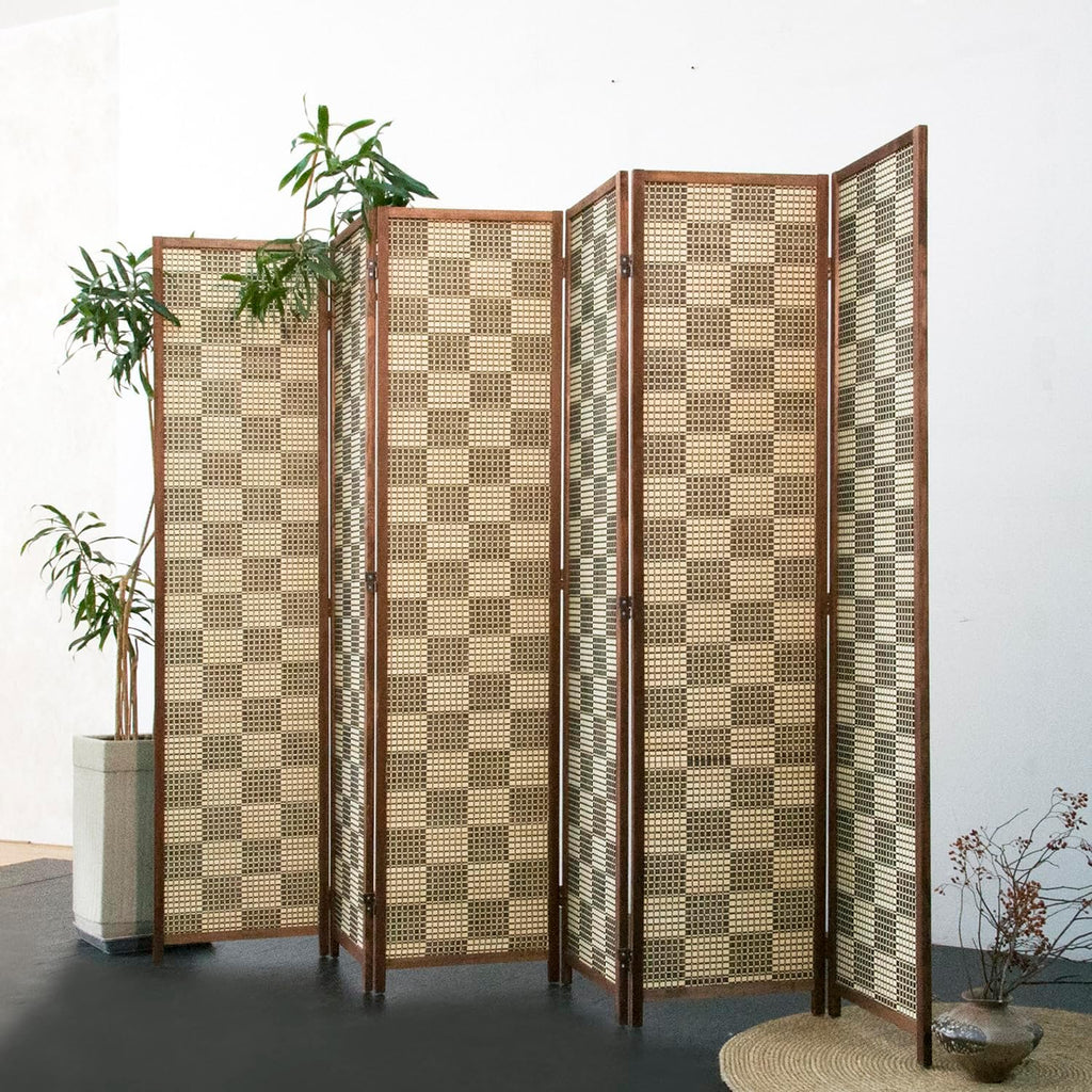 Furnnylane 6 Panel Bamboo Room Divider – 5.6 ft Tall Double-Sided Folding Privacy Screen, Freestanding Wall Partition for Home Office & Bedroom, Gray Brown Woven Texture, Easy Setup (67" H x 94.5" W)