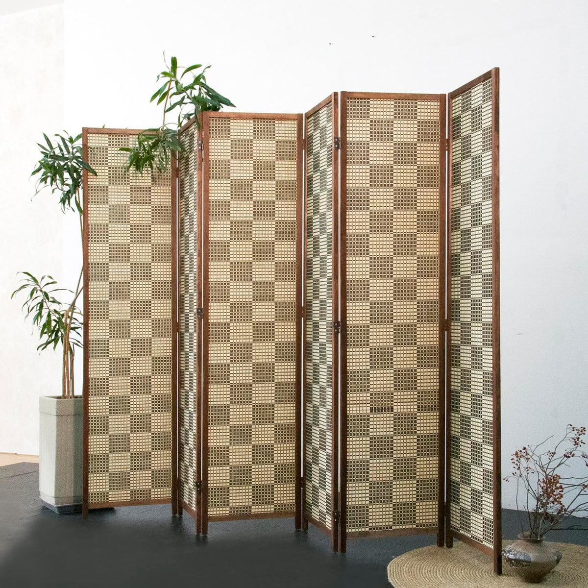 Furnnylane 6 Panel Bamboo Room Divider – 5.6 ft Tall Double-Sided Folding Privacy Screen, Freestanding Wall Partition for Home Office & Bedroom, Gray Brown Woven Texture, Easy Setup (67" H x 94.5" W)