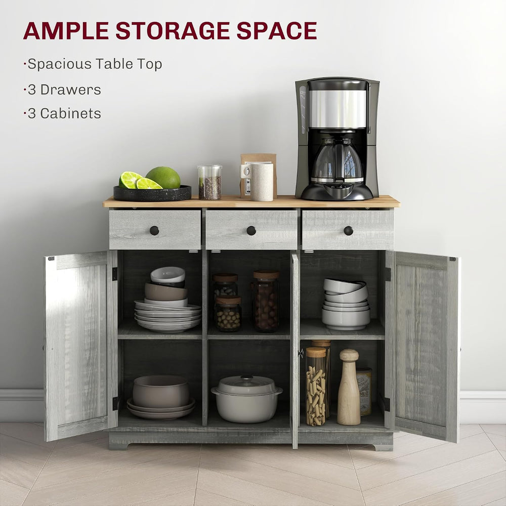 HOMCOM Sideboard Buffet Cabinet Solid Wood Countertop Distressed Light Gray