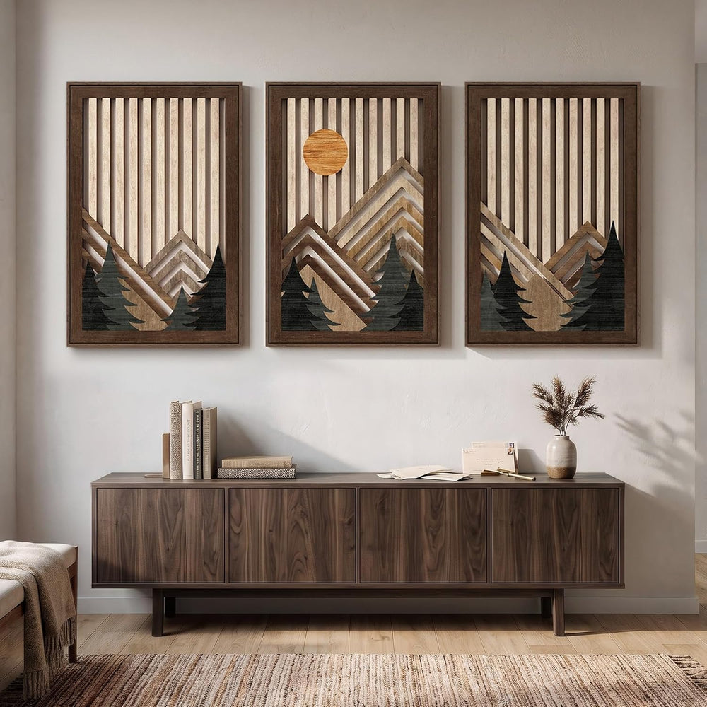 Large Framed Cutout Boho Mountain Wood Wall Art for Living Room, 3 Piece