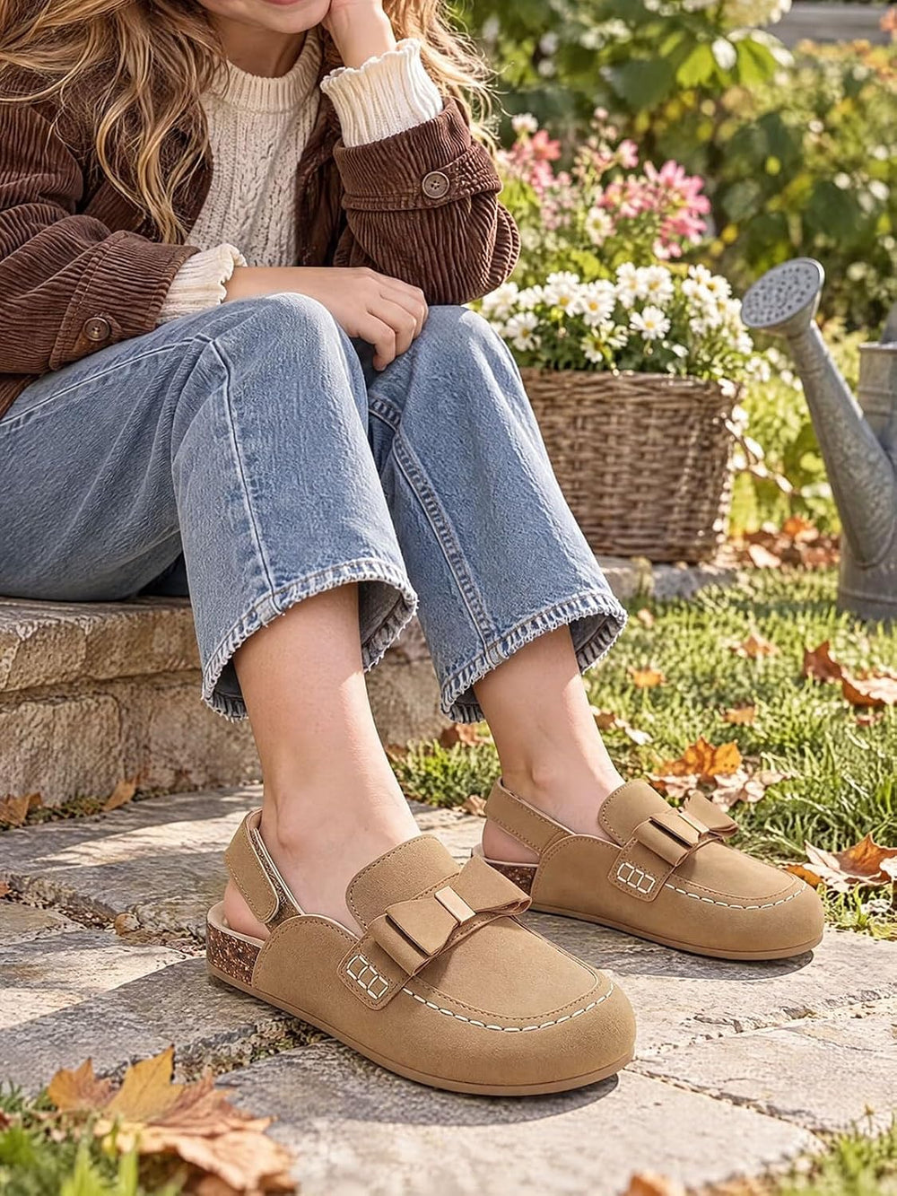 Coutgo Suede Clogs for Girls Bow Cork Footbed Comfortable Slip On Mules