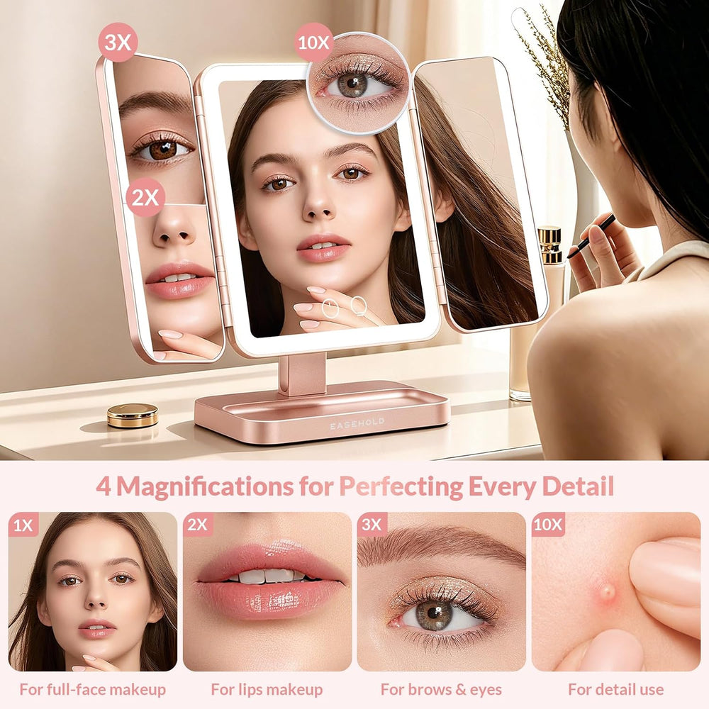 EASEHOLD Trifold Lighted Makeup Vanity Mirror with Lights and Magnification