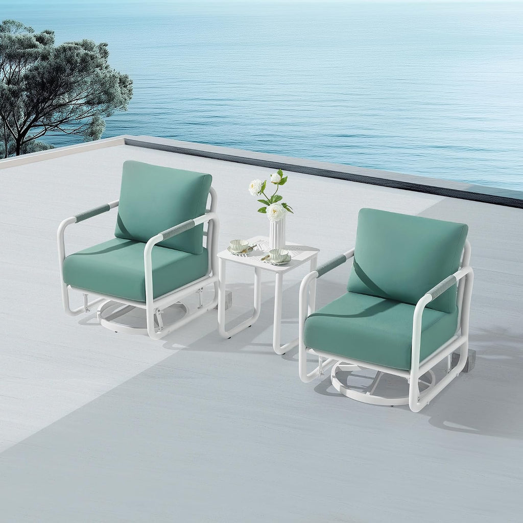 3 Piece Patio Outdoor Aluminum Swivel Rocking Chair with Coffee Table and 6.7" Thickened Cushions, All Weather Outdoor Furniture Chairs for Garden, Poolside, Deck-White