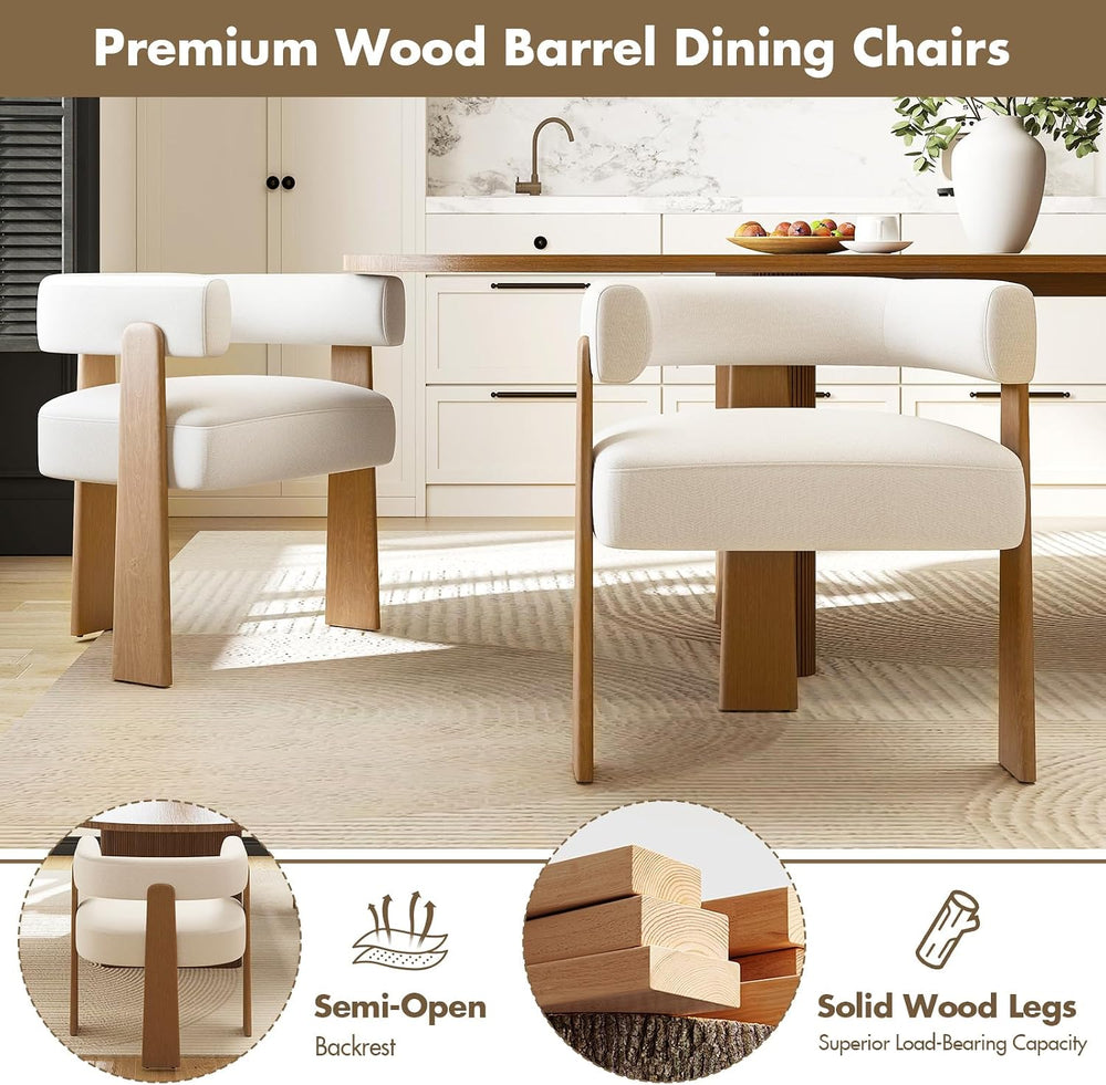 Hyfirm Set of 4 Modern Boho Barrel Dining Chairs with Wood Legs, White Uphols...