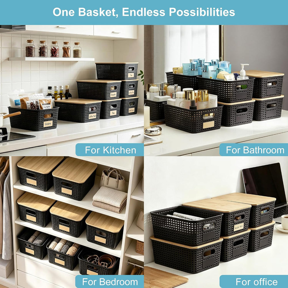 Bagnizer Small Plastic Storage Bins with Bamboo Lids 5.2qt Stackable Box Bask...