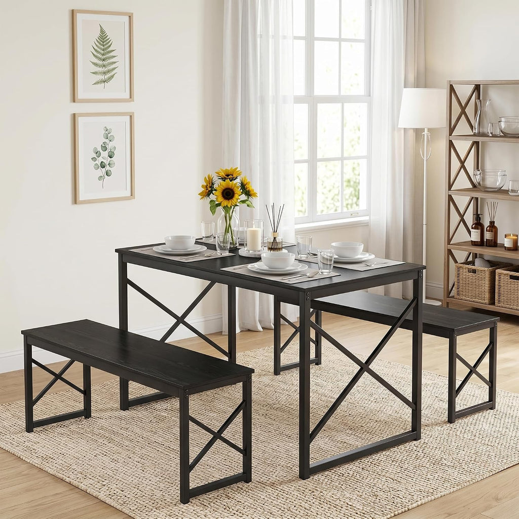 VECELO 43.3" Kitchen Dining Table Set for 4, Heavy-Duty Steel Frame & Wood-Grain Tabletop, Space-Saving Dinette Sets with 2 Benches for Breakfast Nook and Small Space, Black