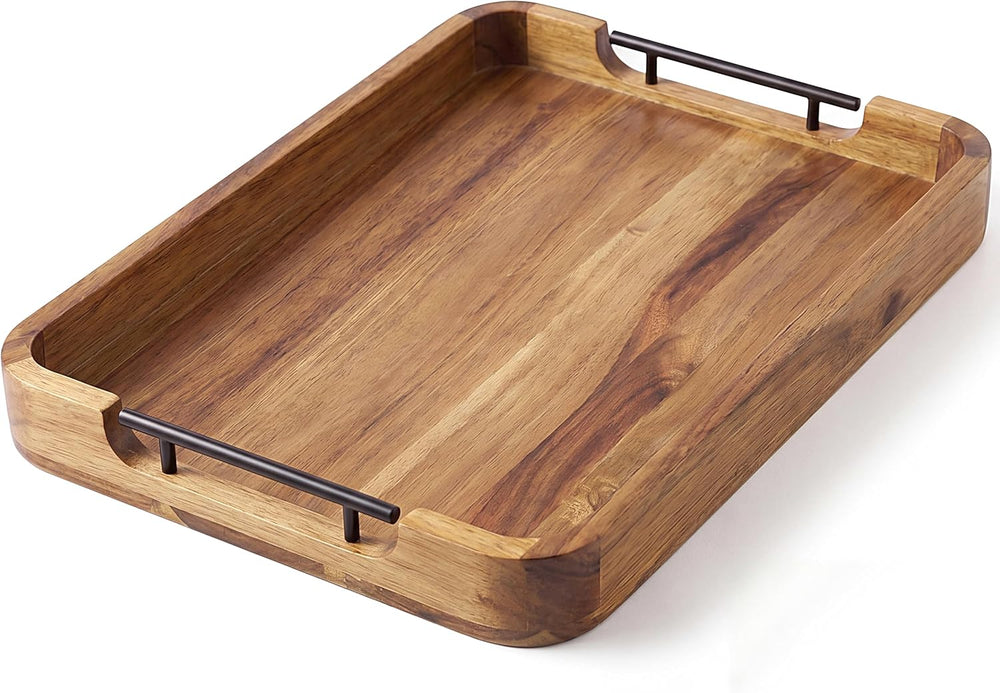ZUJJAFY Serving Tray with Metal Handles, 17 x 13 in Acacia Wood Tray for Serv...