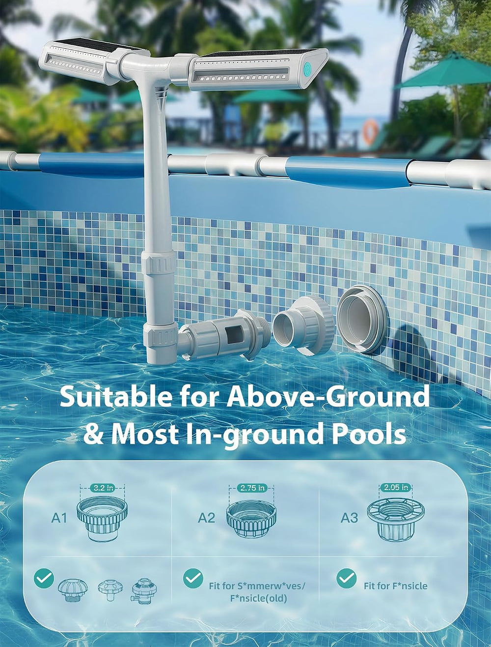 Solar Pool Fountain with Lights for Above & Inground Pools, White
