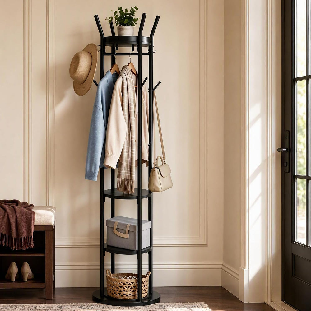 HOMEFORT Coat Rack Freestanding,Metal Coat Stand,4 Shelves,12 Hooks,Black