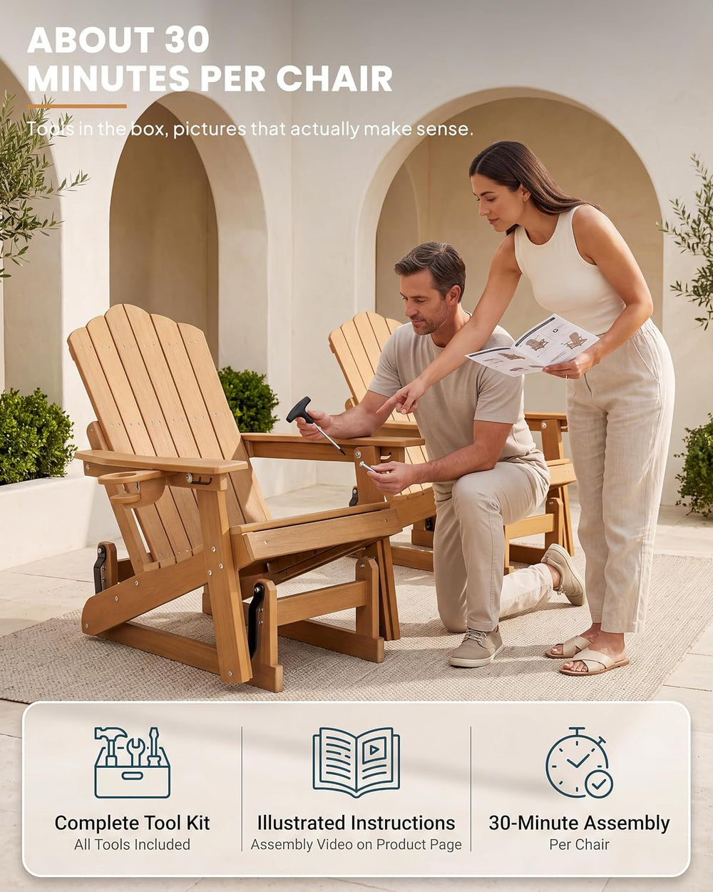 Adirondack Glider Chair Set of 2, Retractable Ottoman & Adjustable Backrest