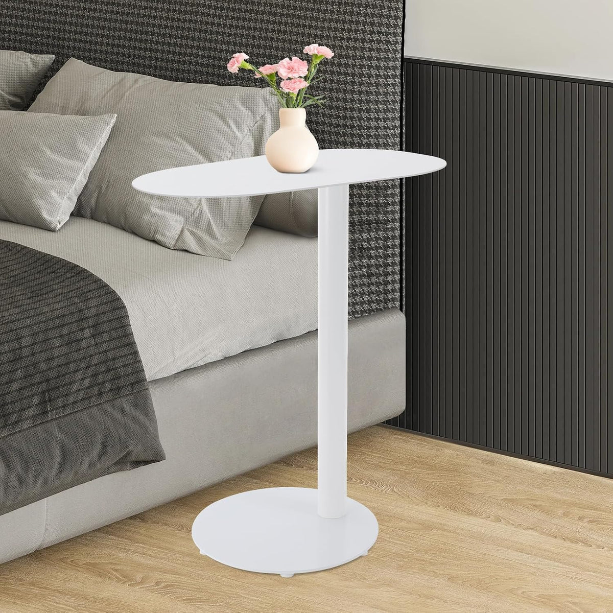 Modern C-Shaped Side Table, Metal End Table for Sofa Couch & Bed, 25in Tall Small Sofa Side Table for Living Room & Bedroom (White)