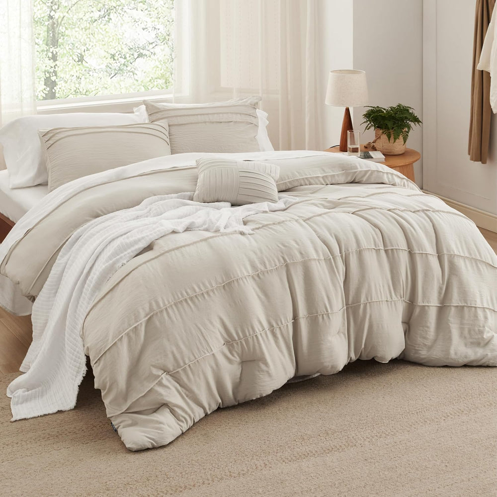 Bedsure Queen Comforter Set 4 Piece, Beige Boho, Pinch Pleat, All-Season