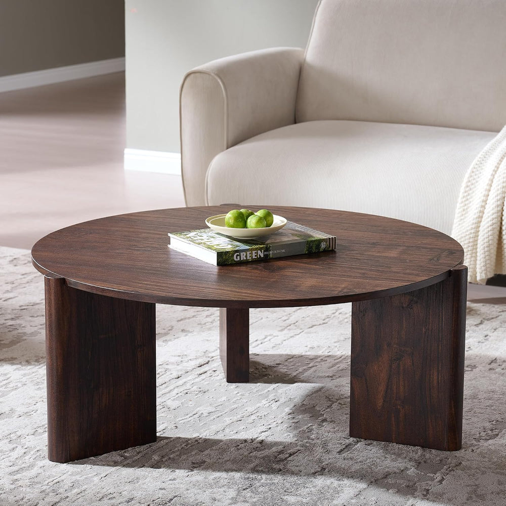 33.5" Wood Round Coffee Table, Small Modern Circle Coffee Table, Brown