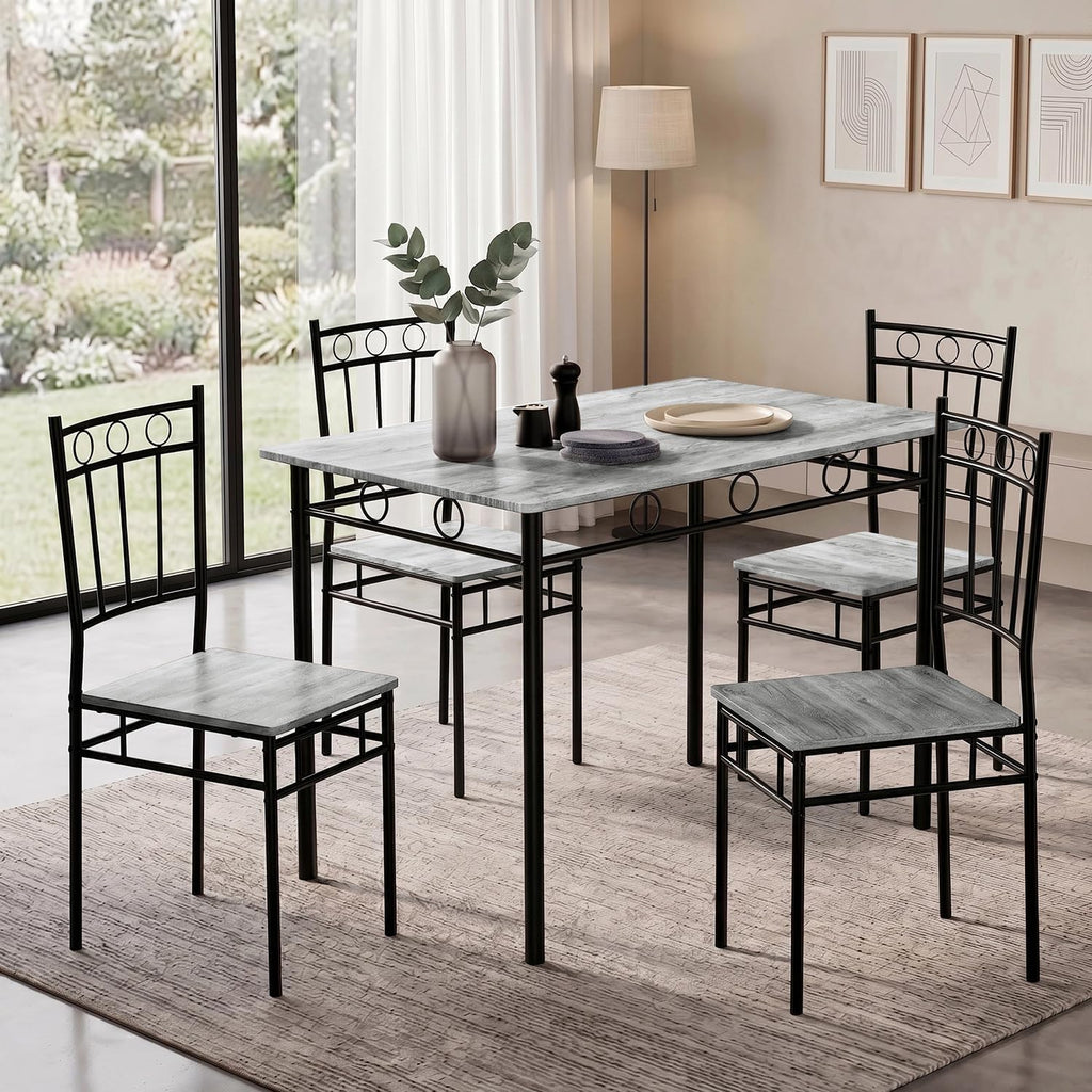 Vipbear Kitchen Dining Table Set for 4, 5-Piece Kitchen Table Set,Dining Room Table Sets,Rectangular Kitchen Table Set with 4 Chairs for Small Space, Dinette,Apartment,Retro Grey