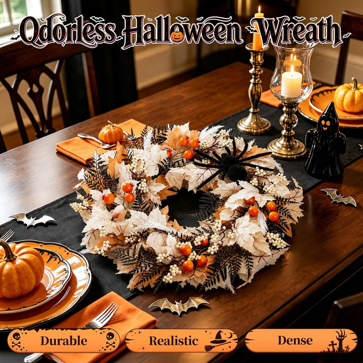 Grooy 24 Inch Halloween Wreath for Front Door with Spider Maple Leaf