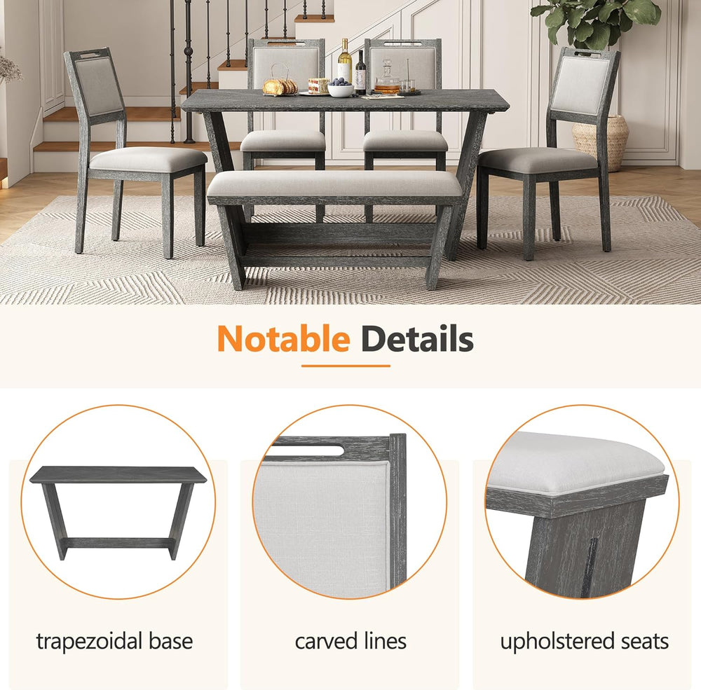 Merax 6-Piece Retro Dining Set with Table, 4 Chairs, Bench, Antique Gray