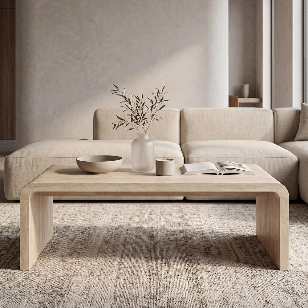 Hyfirm 47" Travertine Look Coffee Table, Thick Waterfall Edge Wood
