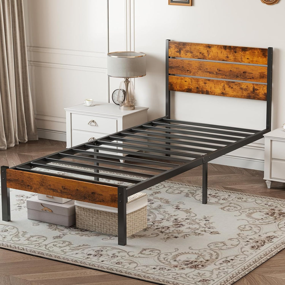 OLIXIS Twin Platform Bed Frame with Wooden Headboard and Footboard, Heavy Dut...