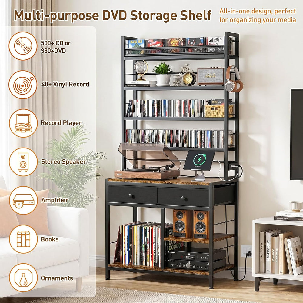 ikkle Tall CD Rack with Power Outlet & Drawers, 8-Tier DVD Storage Shelf