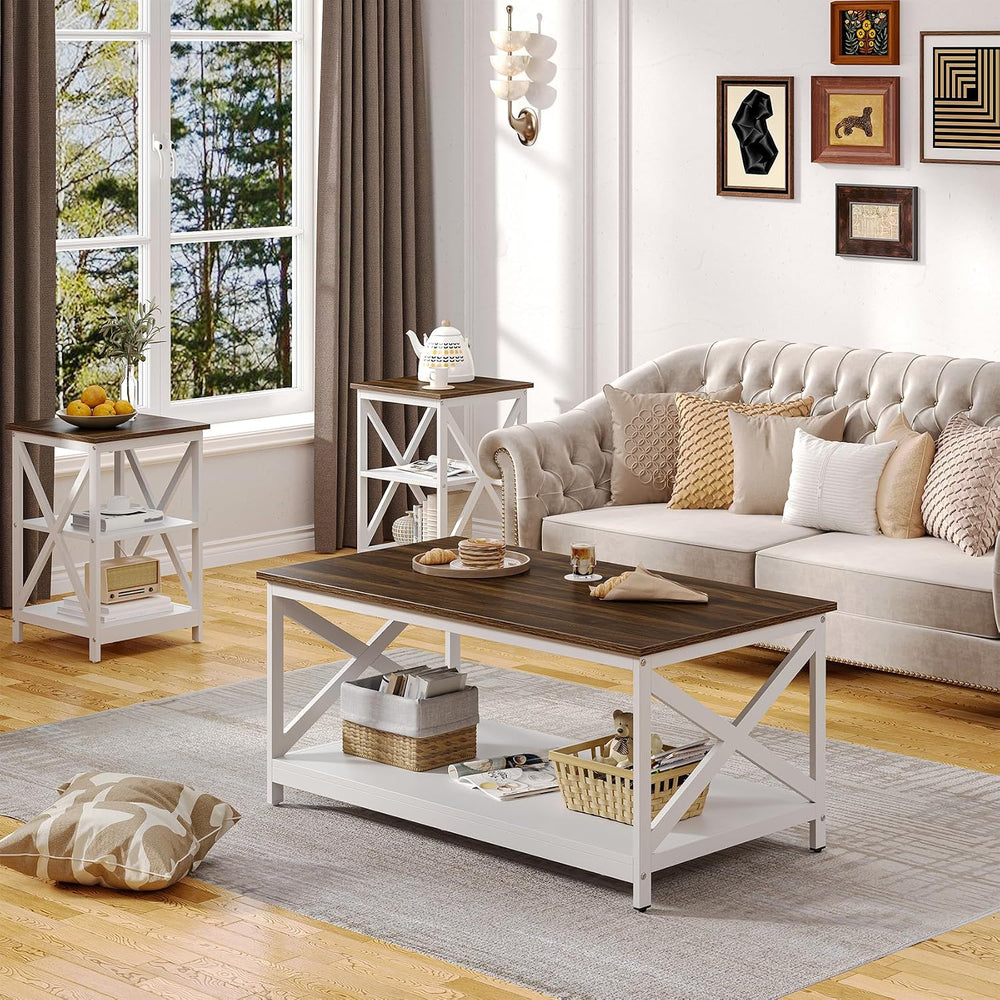 Bigbiglife Living Room Coffee Table Set of 3, Industrial X-Design Coffee Tabl...