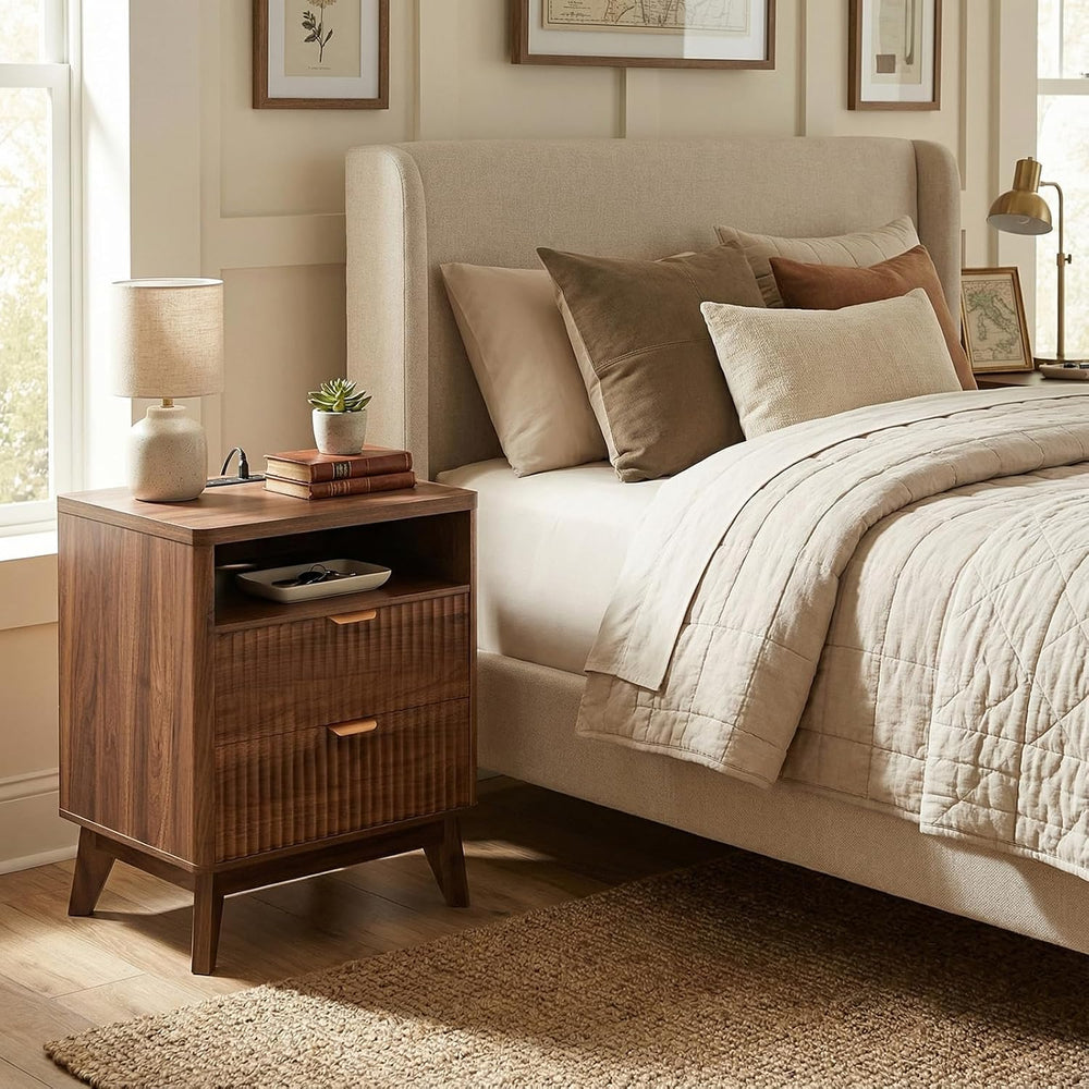 LYNCOHOME Fluted Nightstand with Charging Station, 19.7 inch Wide End Table w...