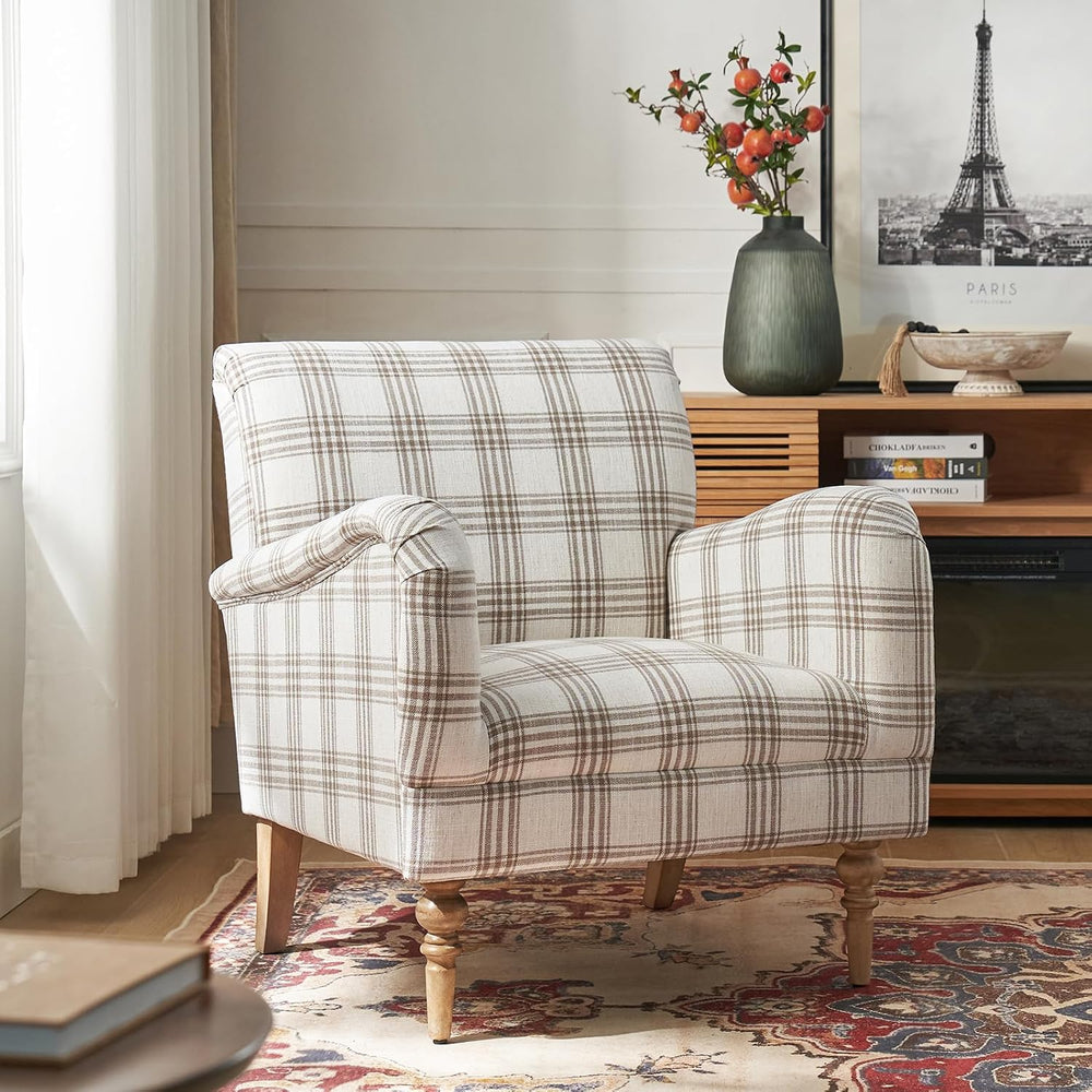 HULALA HOME Farmhouse Accent Chair with Plaid Pattern, Tan