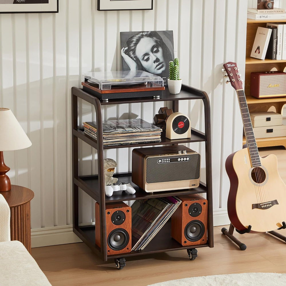 Solid Wood AV Media Stand, 4-Tier Audio Rack with Lockable Casters