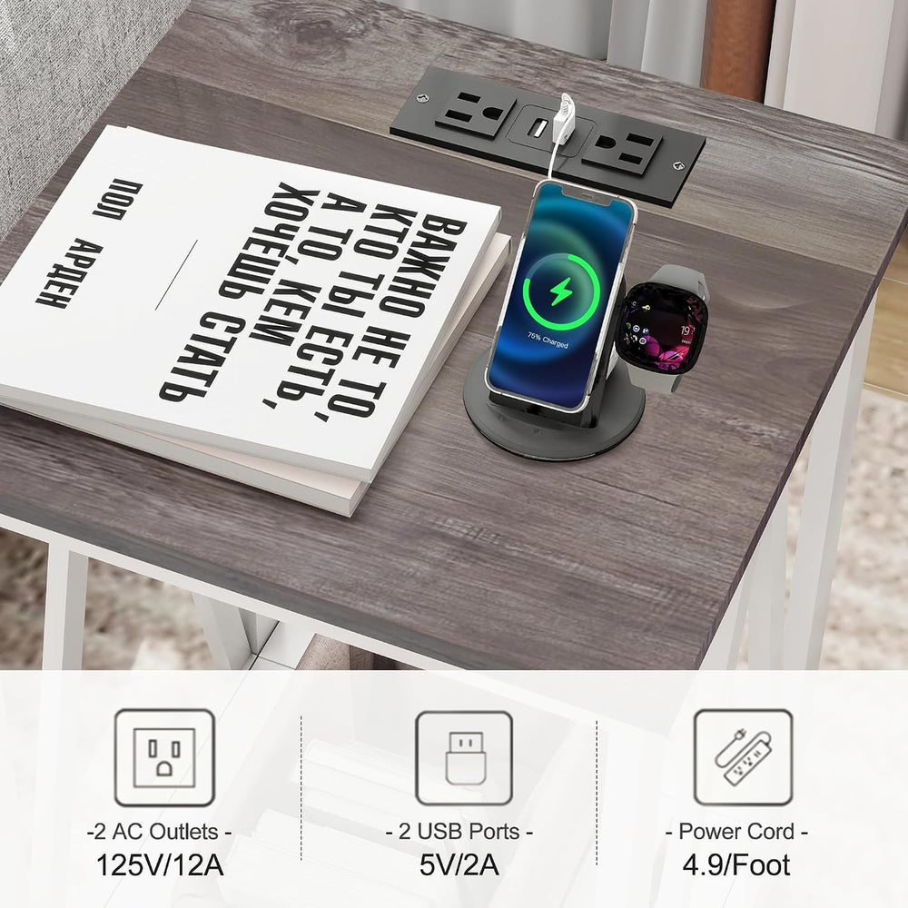 End Table, Farmhouse Square Side Table with 2 USB Ports & 2 Power Outlets