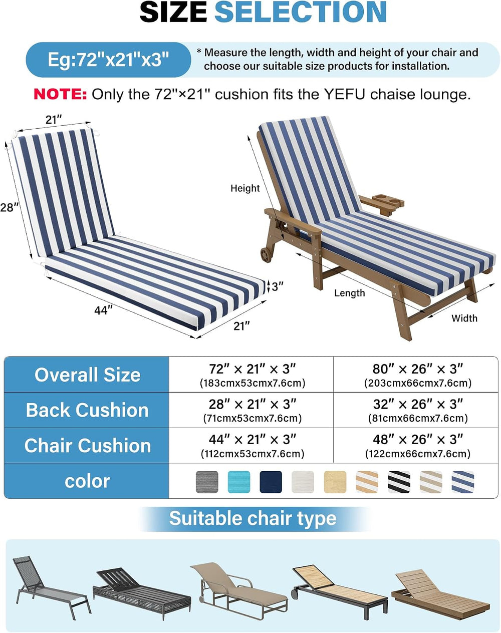 YEFU Chaise Lounge Cushions Outdoor, 72x21x3, Set of 2, Navy Cabana Stripe