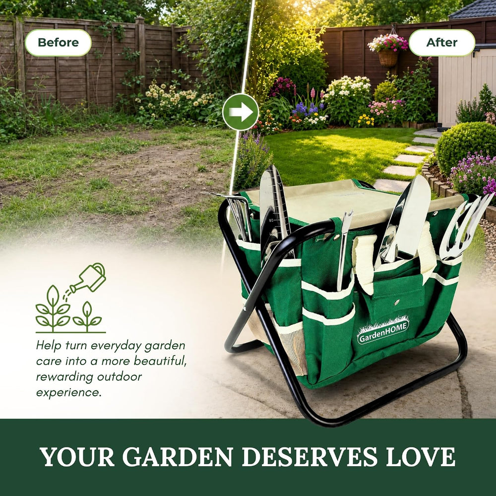 GardenHOME 7-Piece Garden Tool Set with Folding Stool & Storage Tote